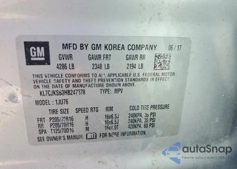 2017 Chevrolet Trax Ls from USA, damaged, VIN KL7CJKSB8HB247378